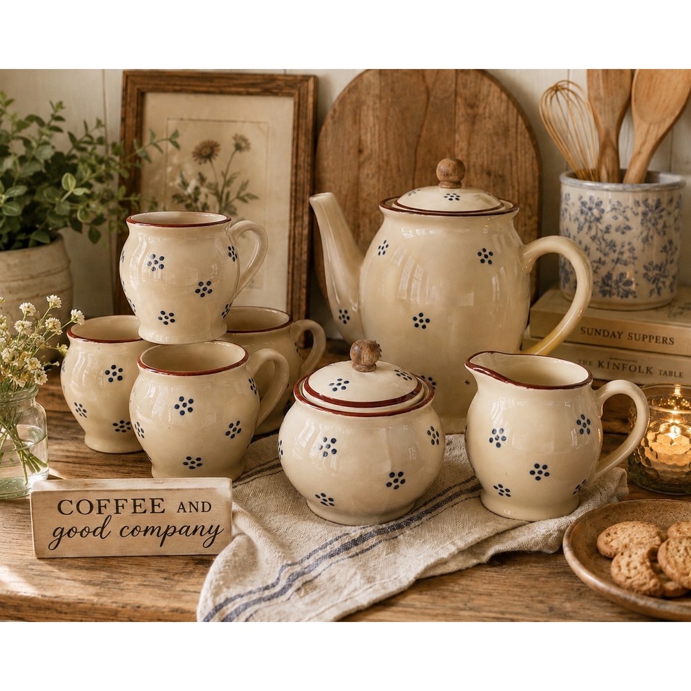 Gailstun Sutton Stoneware Tea Set Cream Blue Floral Teapot Mugs Sugar Creamer
